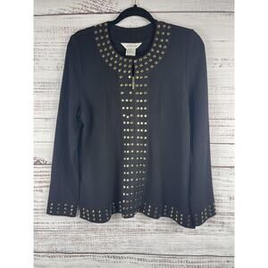 Misook Cardigan Women's SZ M Black Gold Studded Zip Jacket Sweater Knit Acrylic